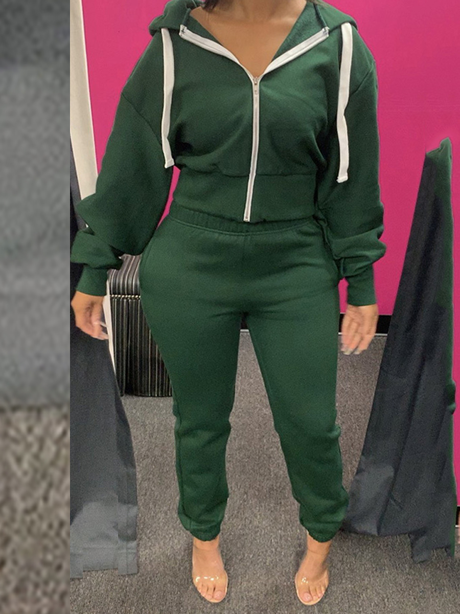 

LW Cotton Hooded Collar Zipper Design Tracksuit Set, Green