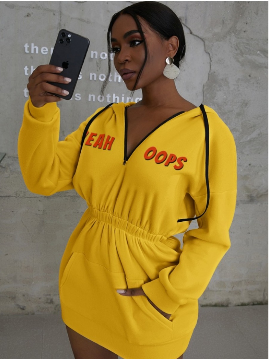 

LW Elastic Waist Letter Print Pocket Design Dress, Yellow