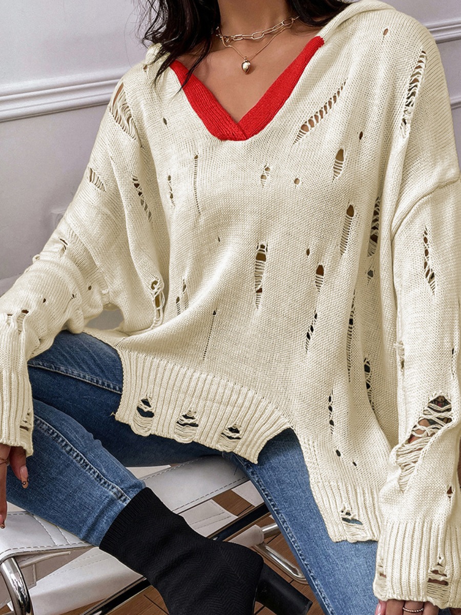 

LW Hooded Collar Ripped Sweater, White