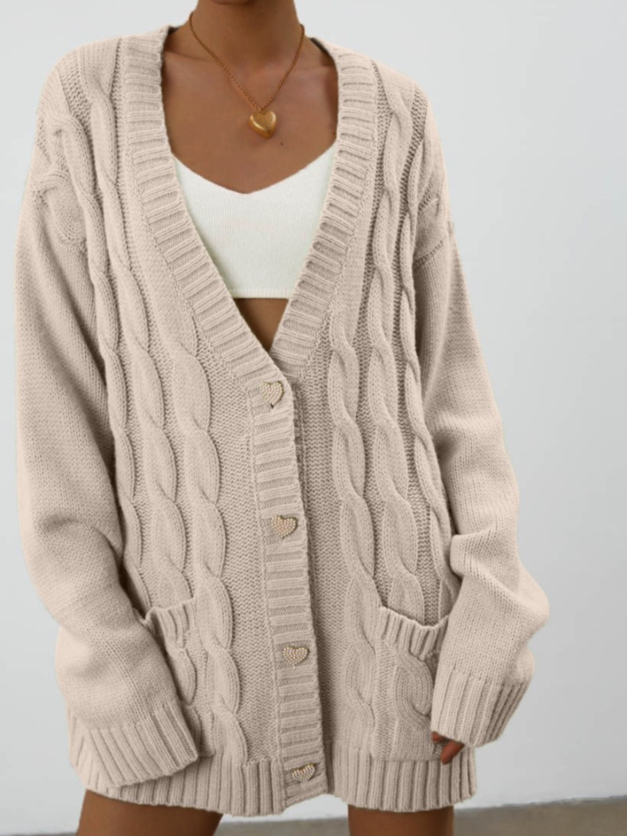 

LW Button Decor Front Twist Loose Cardigan, Khaki