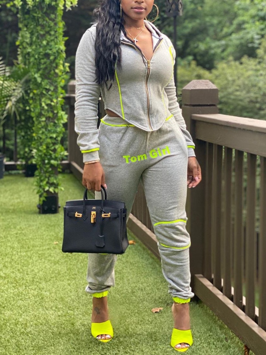 

LW Letter Print High Low Striped Tracksuit Set, Grey