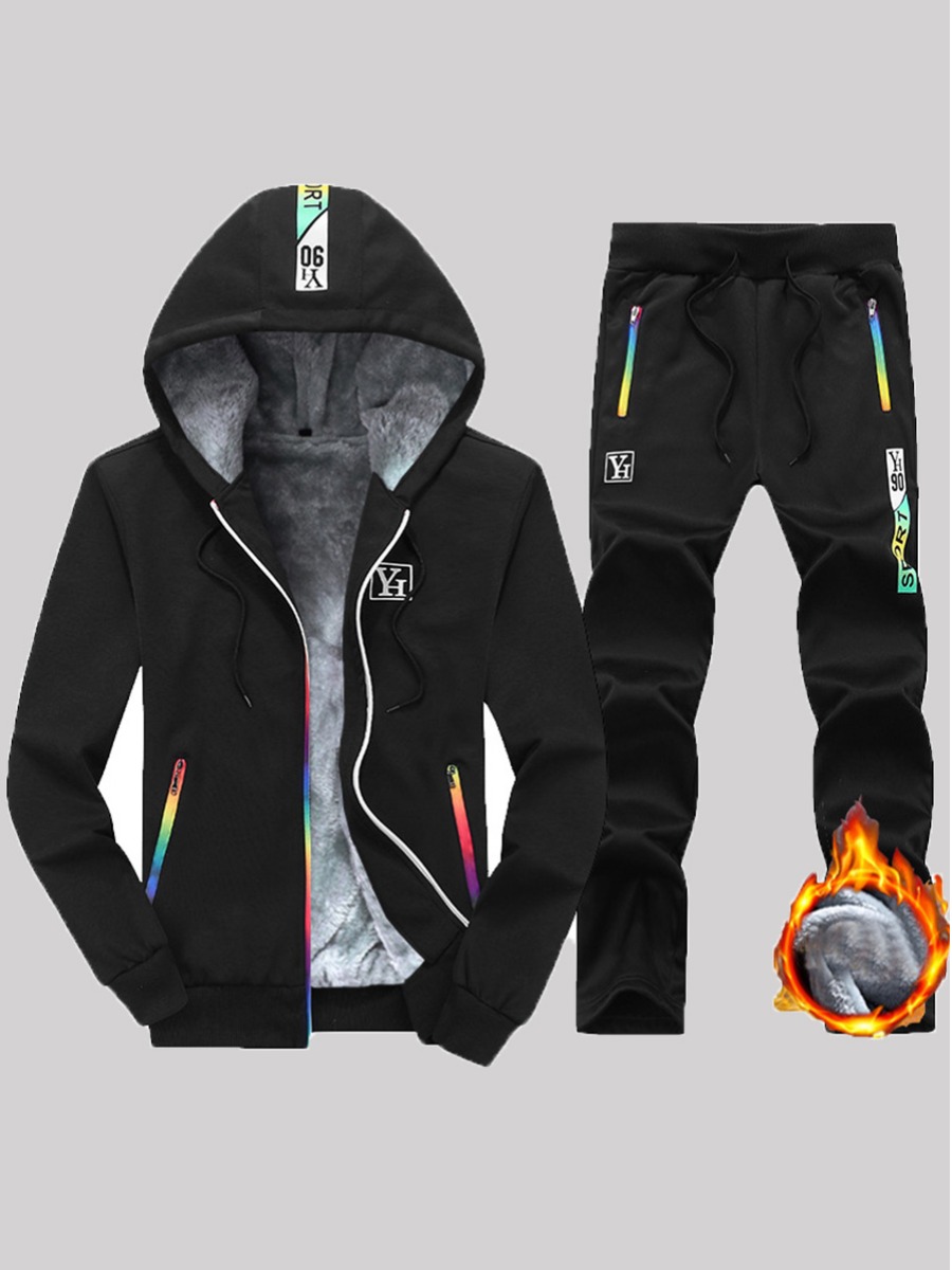 

LW Men Letter Rainbow Striped Zip Up Tracksuit Set, Black
