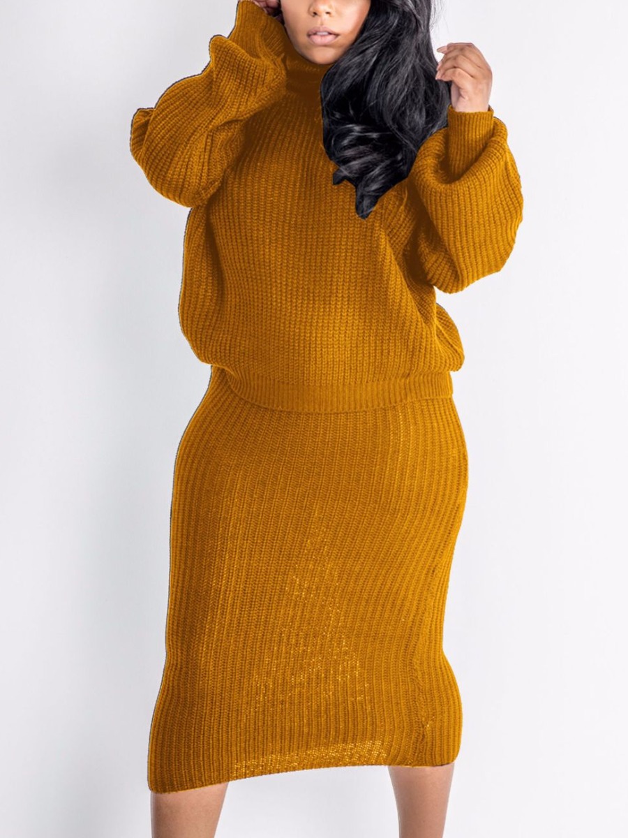 

LW Sweater Basic Solid Knit Skirt Set, Orange