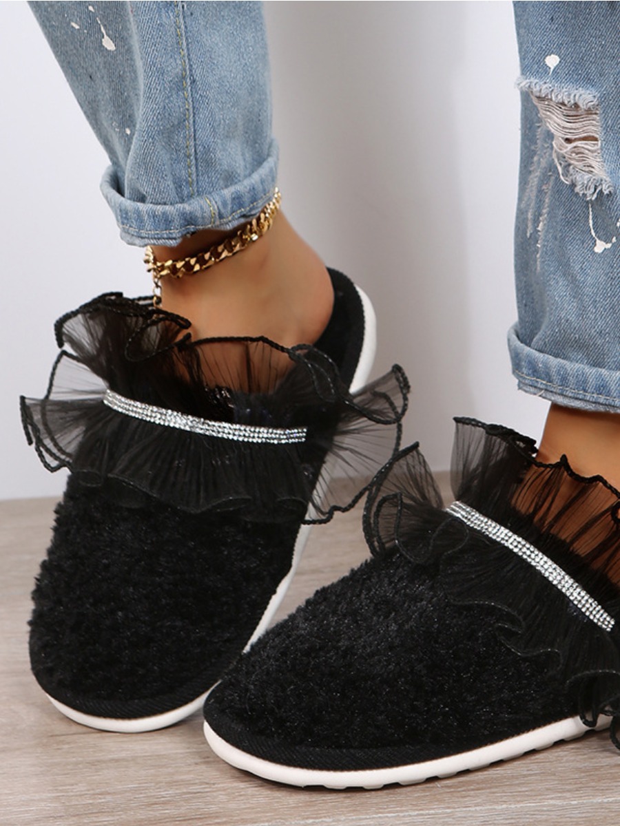 

LW Lace Hem Patchwork Home Slippers, Black