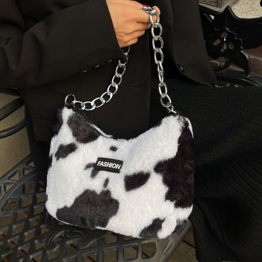 

LW Plush Cow Print Shoulder Bag, Cow grain