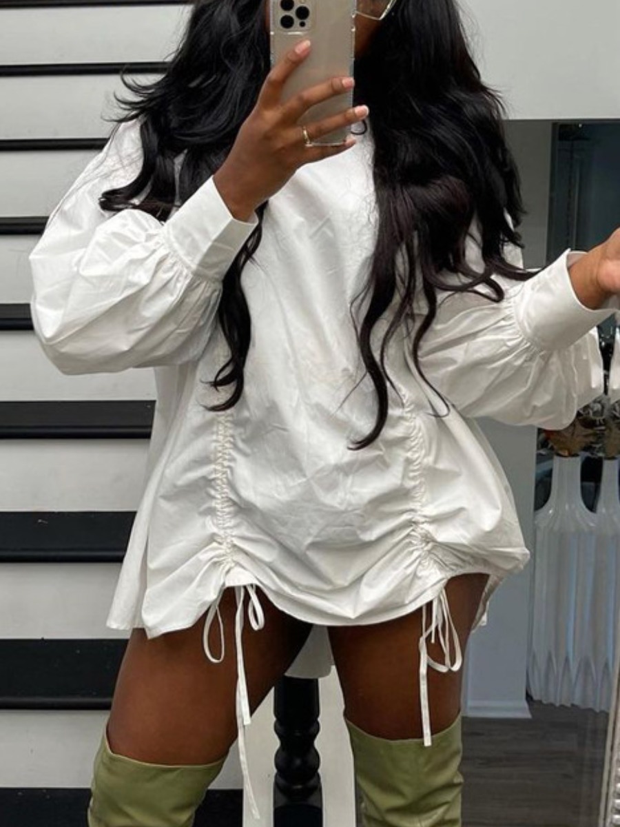 

LW Lantern Sleeve Drawstring Solid Shirt Dress, White