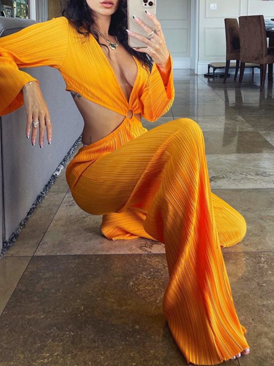 

LW SXY Backless Ring Decor Hollow Out Jumpsuit, Orange