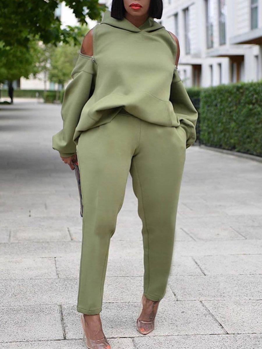 

LW Plus Size Cold Shoulder Zipper Design Tracksuit Set, Green