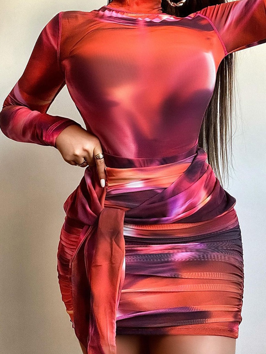 

LW Tie Dye Waist Tie Bodycon Dress, Red