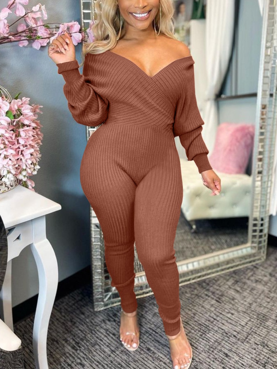 

LW SXY Off The Shoulder Rib-Knit Jumpsuit, Coffee