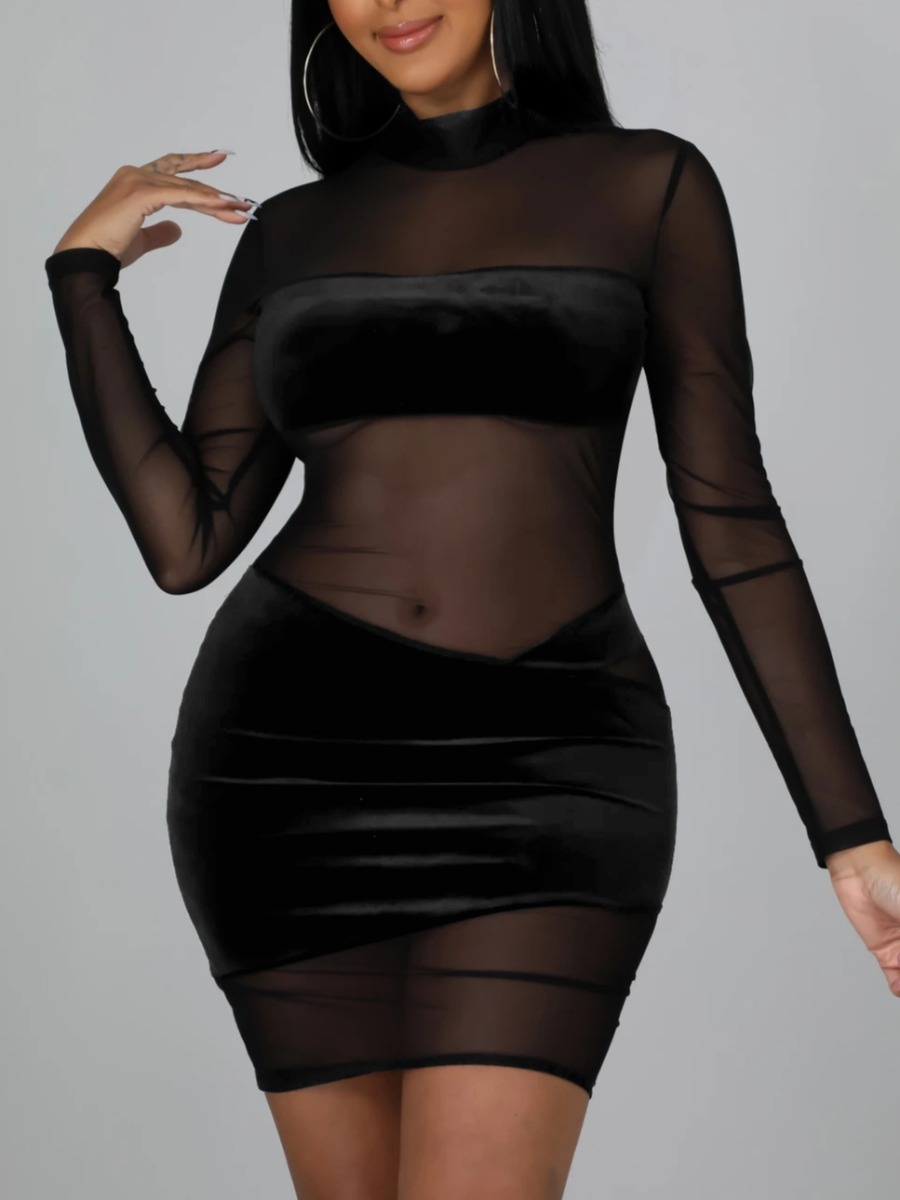 

LW SXY Velvet Half A Turtleneck See-through Bodycon Dress, Black