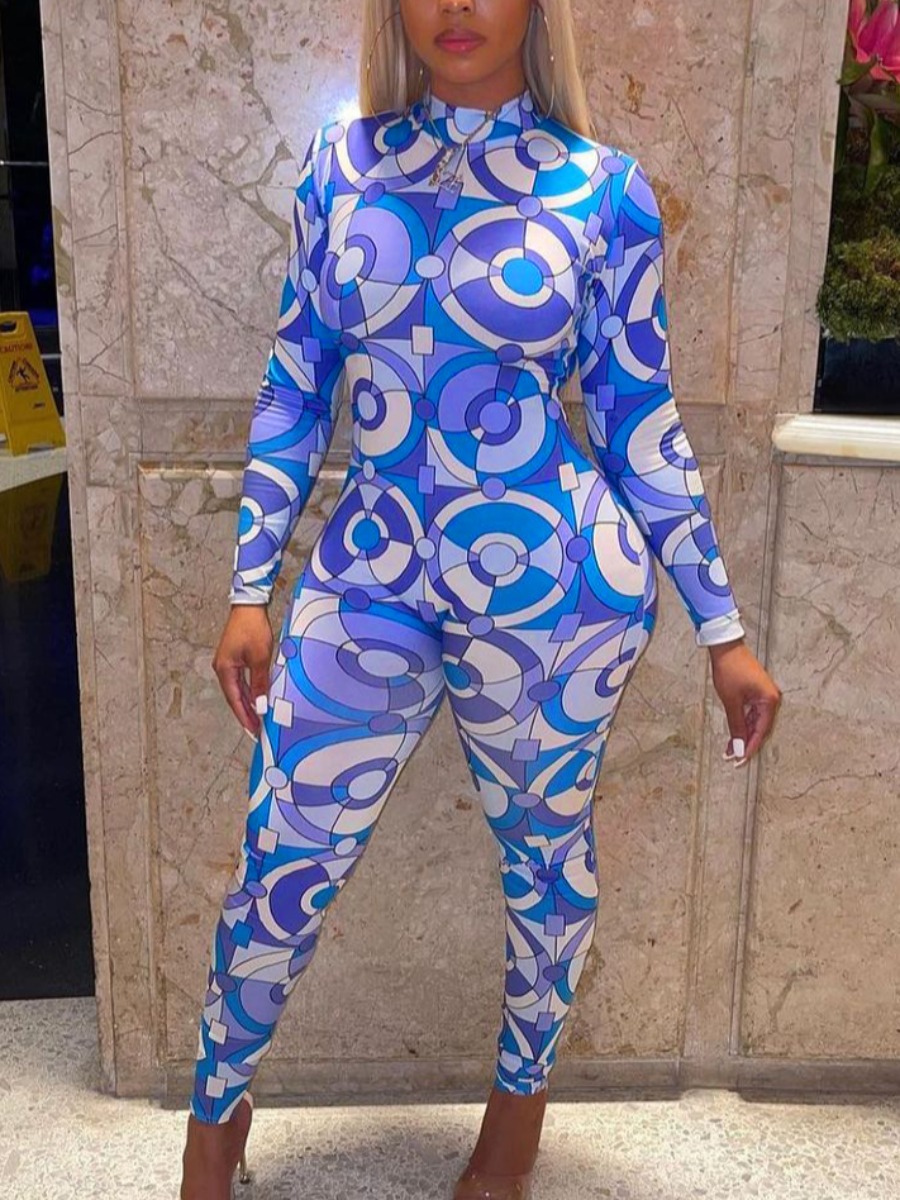 

LW Backless Geometric Print Jumpsuit, Blue