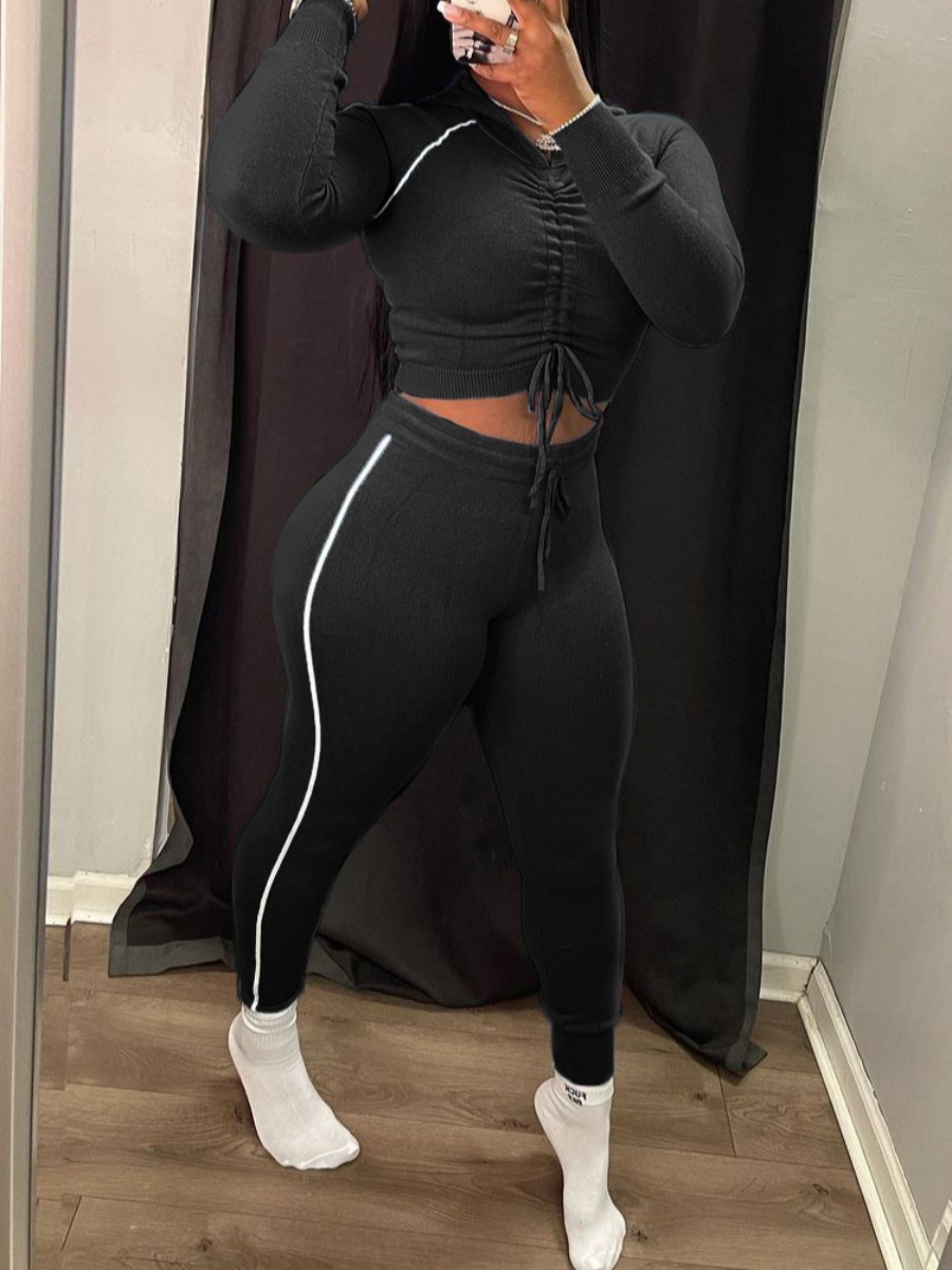 

LW Hooded Collar Drawstring Striped Pants Set, Black