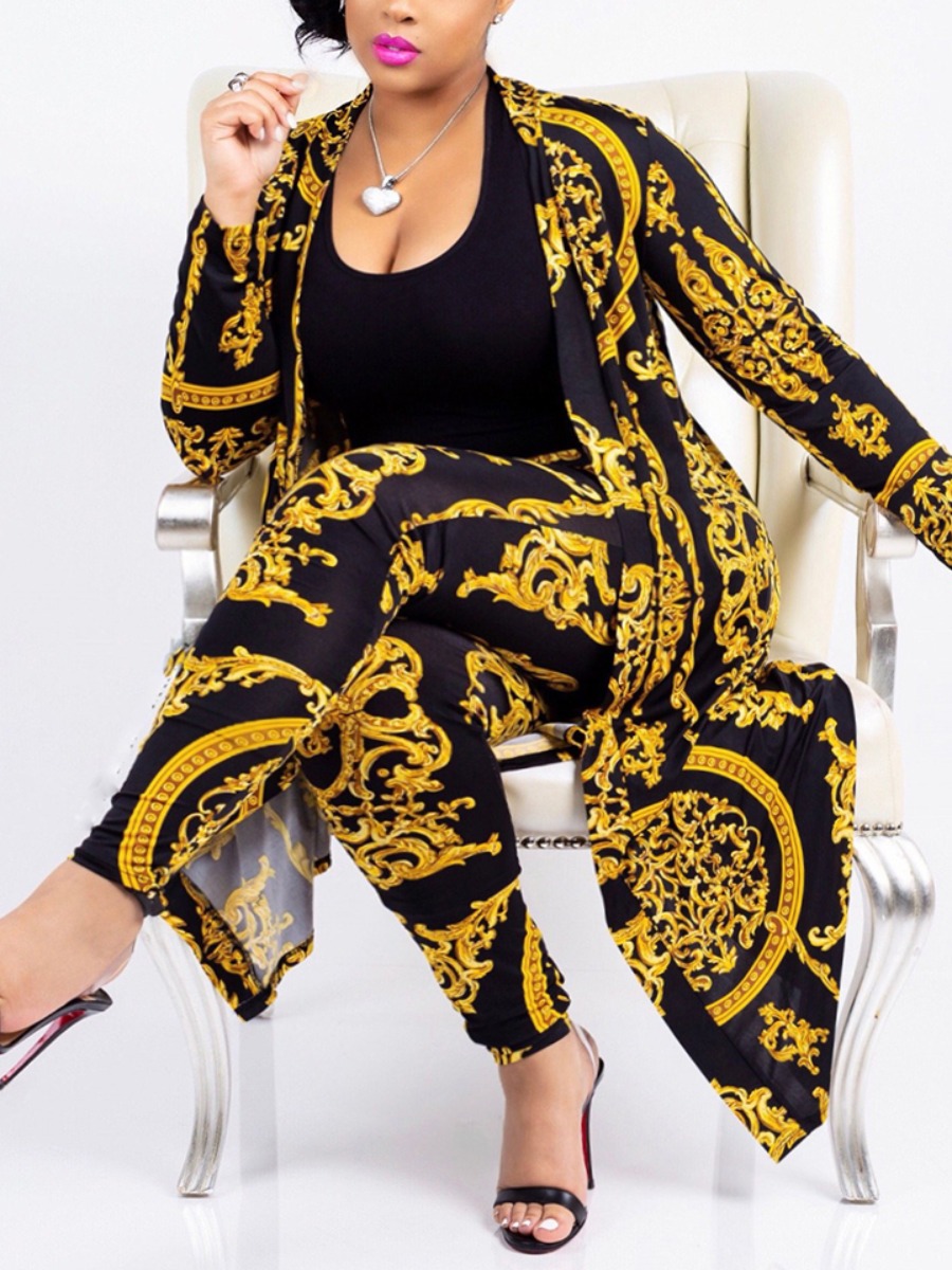 

LW Plus Size Tribal Print Open Front Pants Set, Gold
