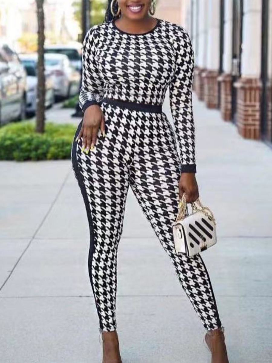 

LW Houndstooth Crop Striped Jumpsuit, Black