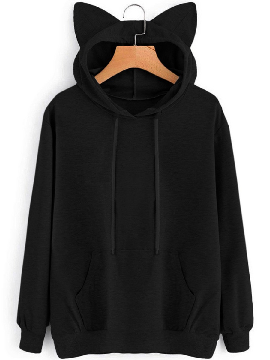 

LW Cat Ear Pullover Basic Hoodie, Black