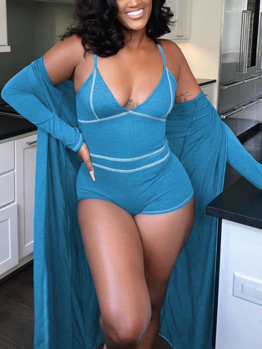 

LW SXY Open Front Striped Cami Romper Set, Blue