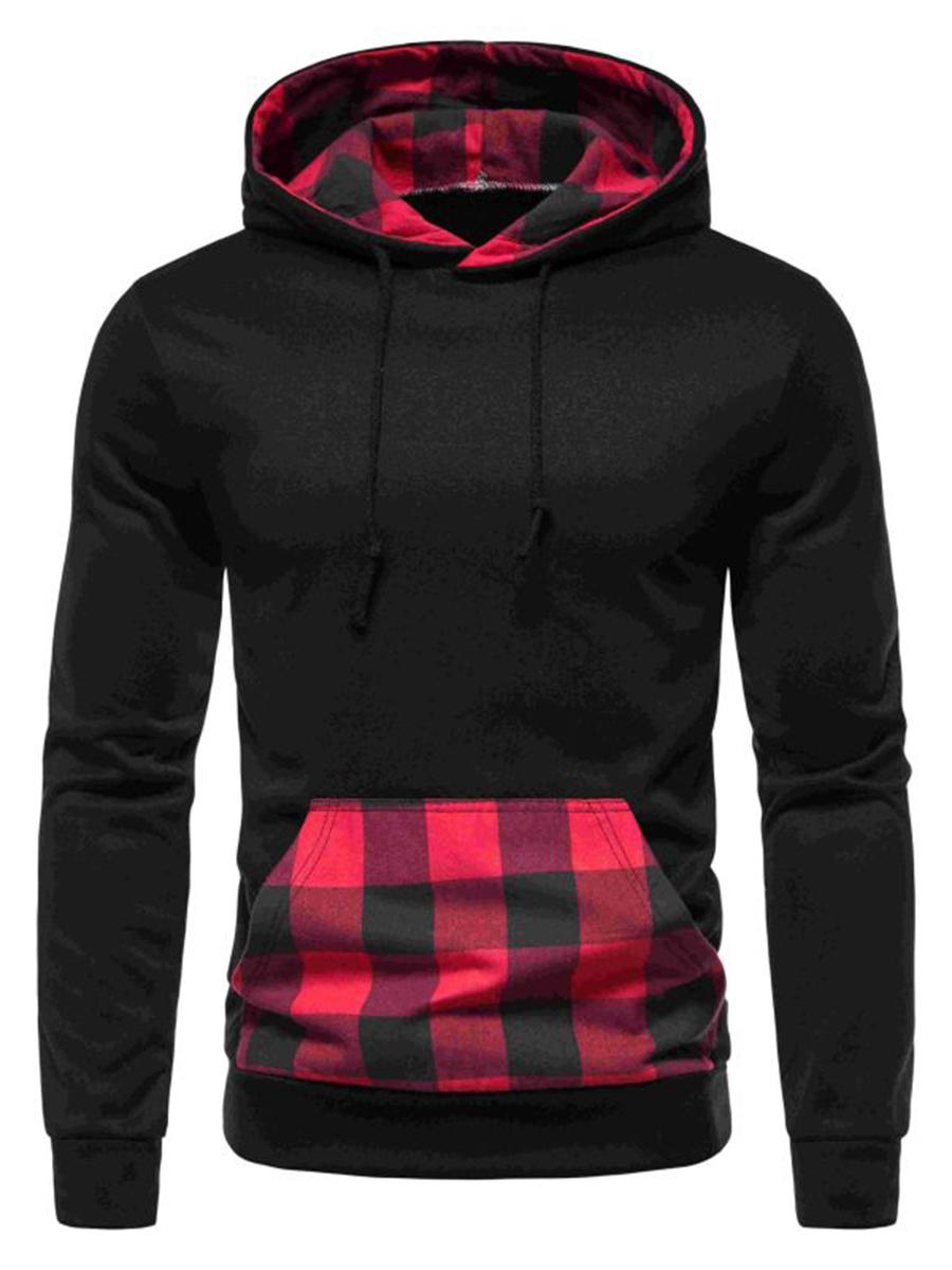 

LW Men Plaid Print Kangaroo Pocket Hoodie, Black