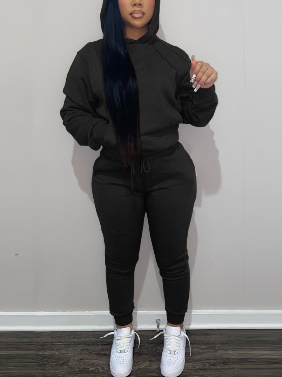 

LW BASICS Drawstring Pocket Design Solid Tracksuit Set, Black