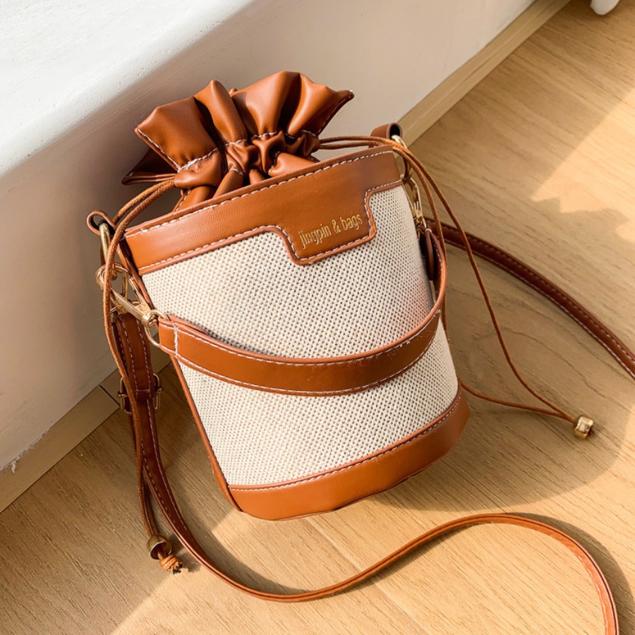 

LW PU Patchwork Bucket Crossbody Bag, Brown
