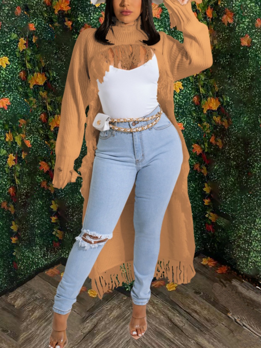 

LW Tassel Design Asymmetrical Sweater, Apricot