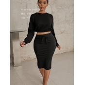 LW Split Drawstring Crop Top Skirt Set