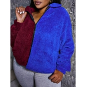 LW Plus Size Zipper Design Patchwork Teddy Coat