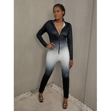

LW BASICS Casual Gradient Zipper Design Black One-piece Jumpsuit