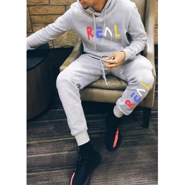 LW Men Casual Hooded Collar Letter Print Grey Two Piece Pants Set, lovely, Two-piece Pants Set  - buy with discount
