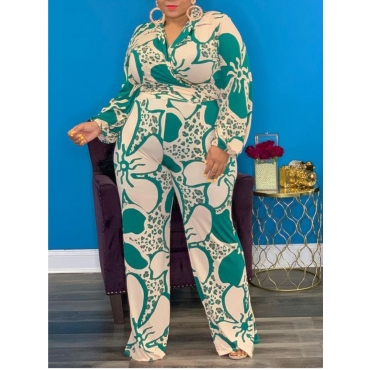 

LW Plus Size Flower Print Front Tie Crop Pants Set, Green