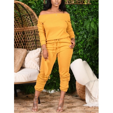 

LW Plus Size Off The Shoulder Lace-up Pants Set, Yellow