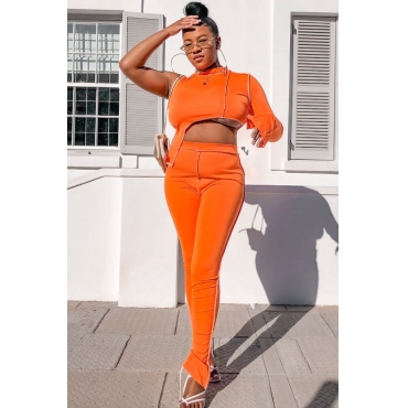 

LW Sportswear Turtleneck One Shoulder Patchwork Jacinth Two Piece Pants Set