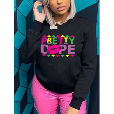 

LW Plus Size Lip Letter Print Sweatshirt, Black