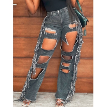 

LW Tassel Design Ripped Jeans (No Stretch), Grey black