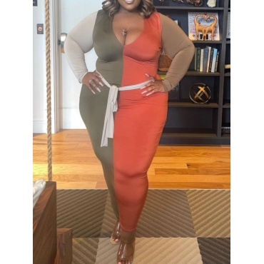 

LW SXY Plus Size Patchwork Belted Bodycon Dress, Deep camel