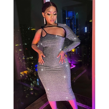 

LW SXY One Shoulder Lace Up Solid Bodycon Dress, Silver