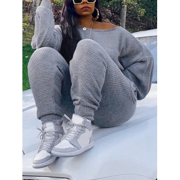 

LW Plus Size Rib Knit Drawstring Pants Set, Grey