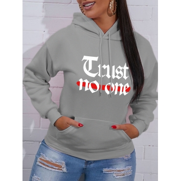 

LW Letter Print Kangaroo Pocket Hoodie, Grey