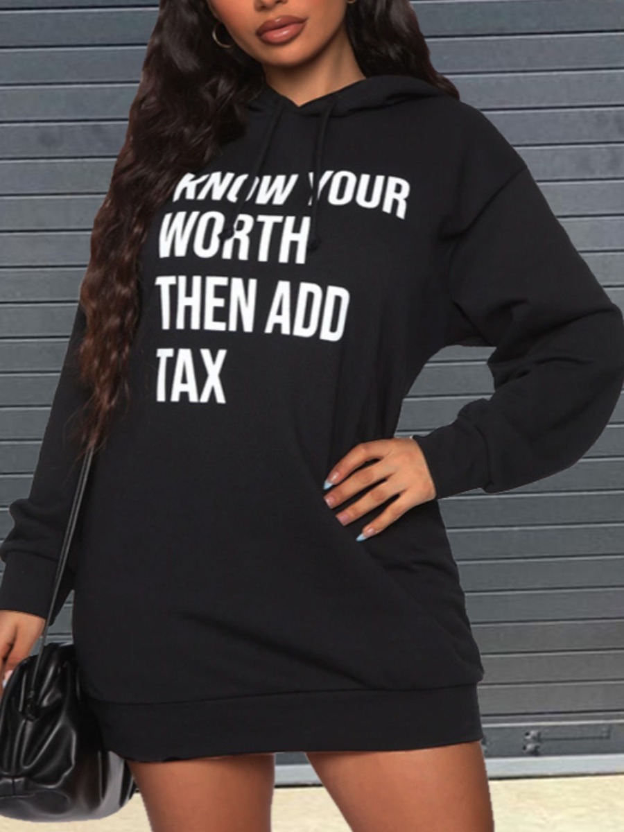 

LW Hooded Collar Letter Print Sweat Dress, Black