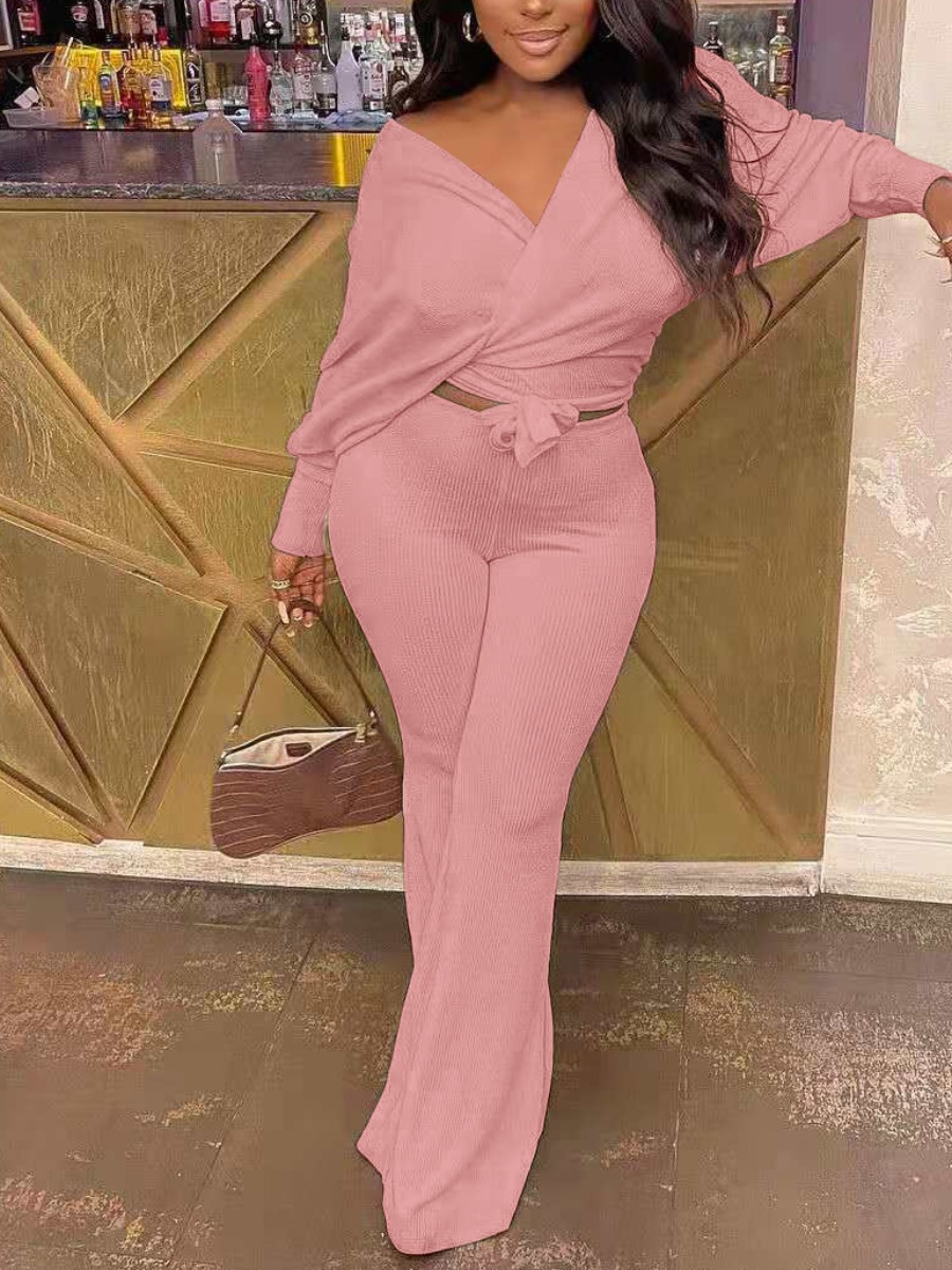 

LW Rib Knit Bow Decor Flared Pants Set, Pink