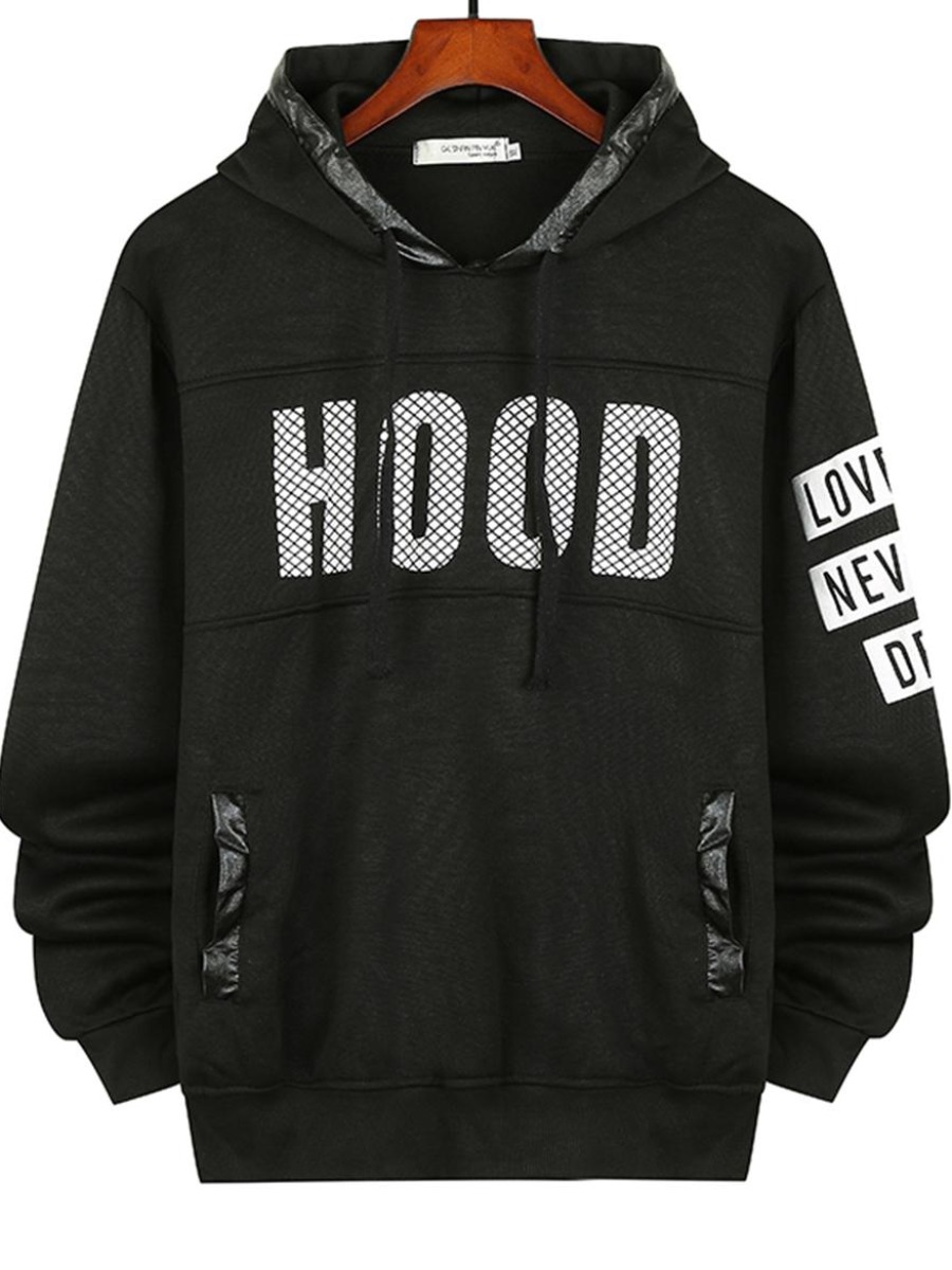 

LW Men Letter Print Pocket Design Hoodie, Black