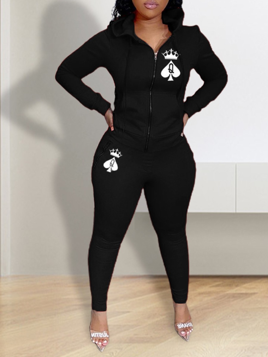 

LW Zipper Design Letter Print Tracksuit Set, Black