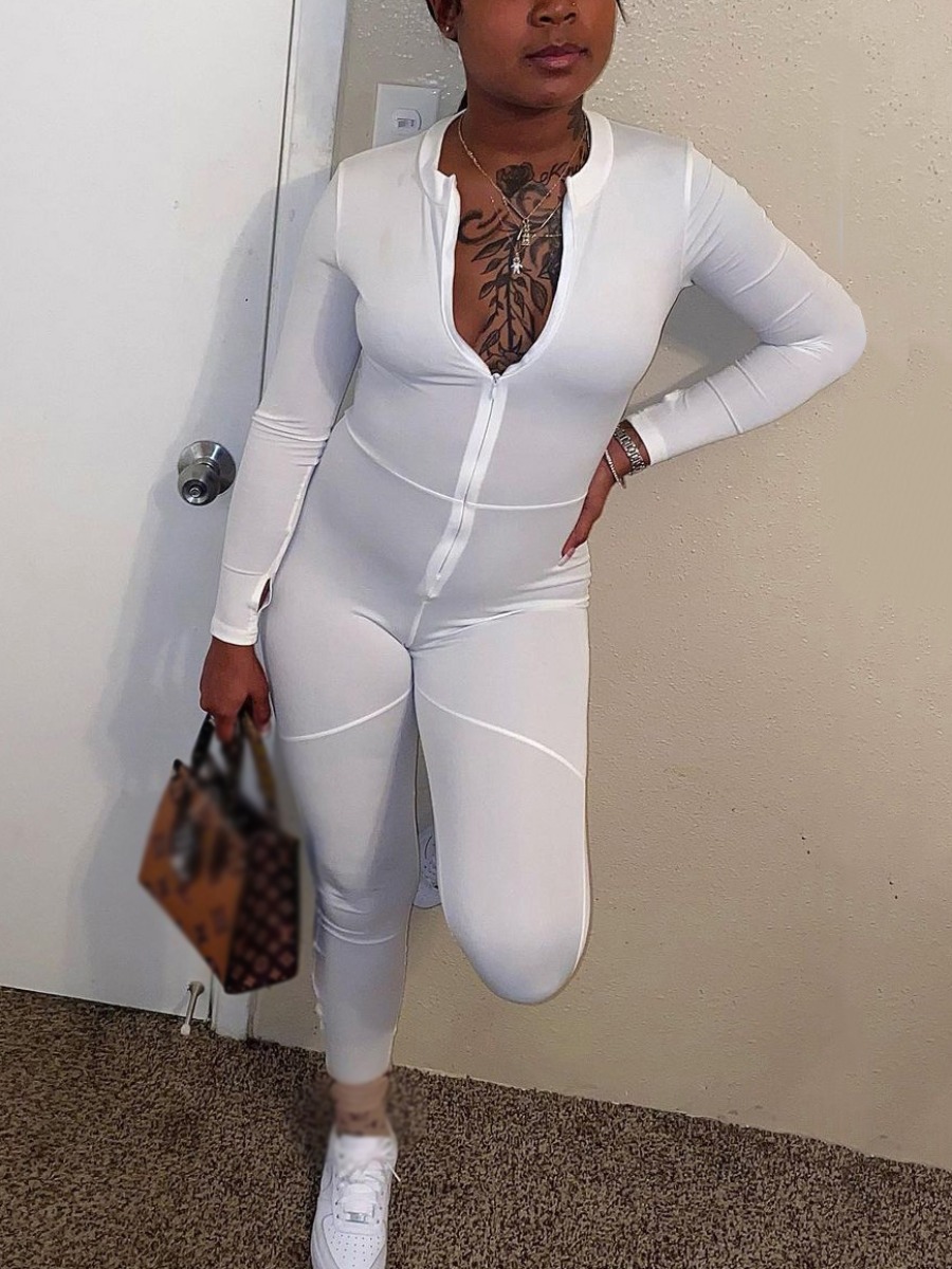 

LW BASICS Zipper Design Striped Jumpsuit, White