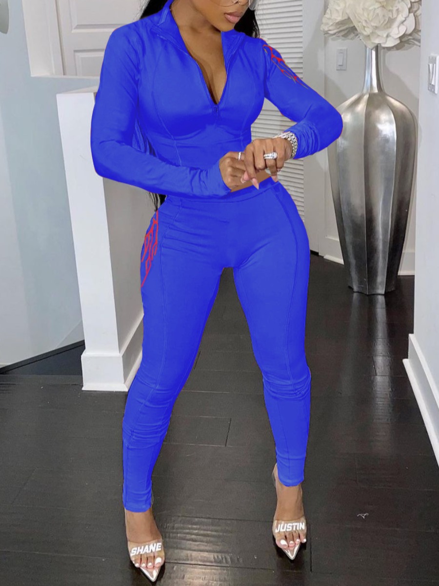 

LW Zipper Design Embroidered Blaze Pants Set, Blue