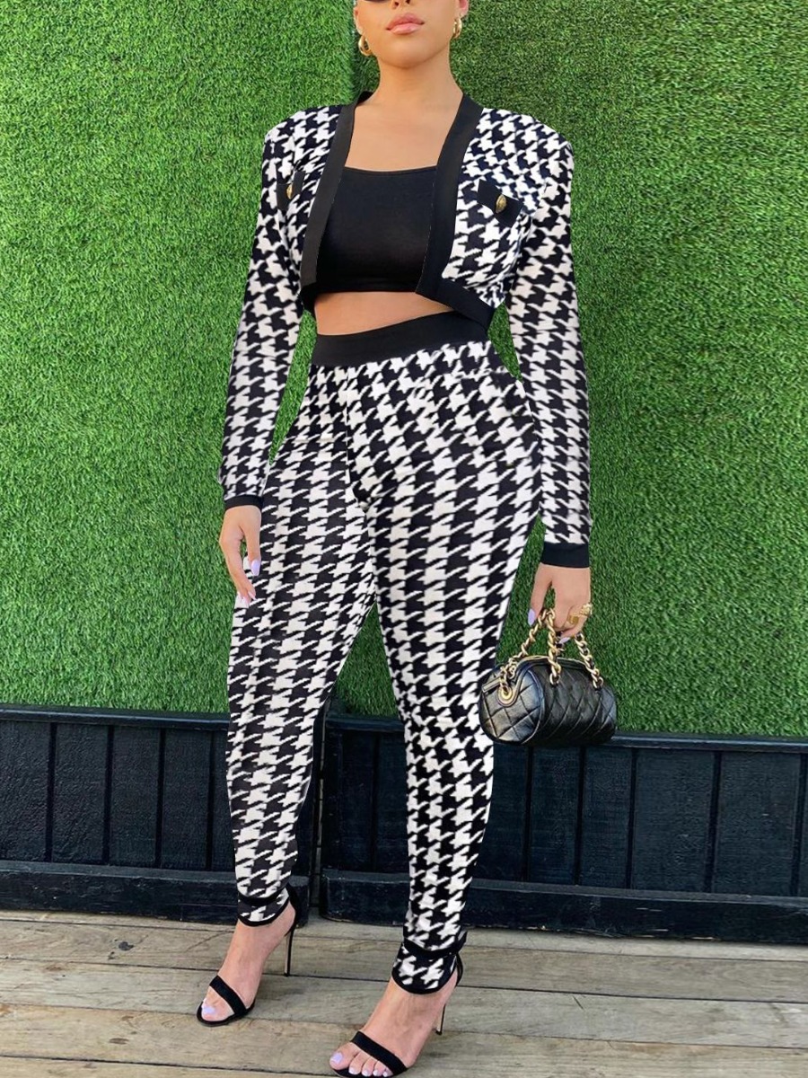 

LW Houndstooth Open Front Crop Pants Set (Without Bra), White