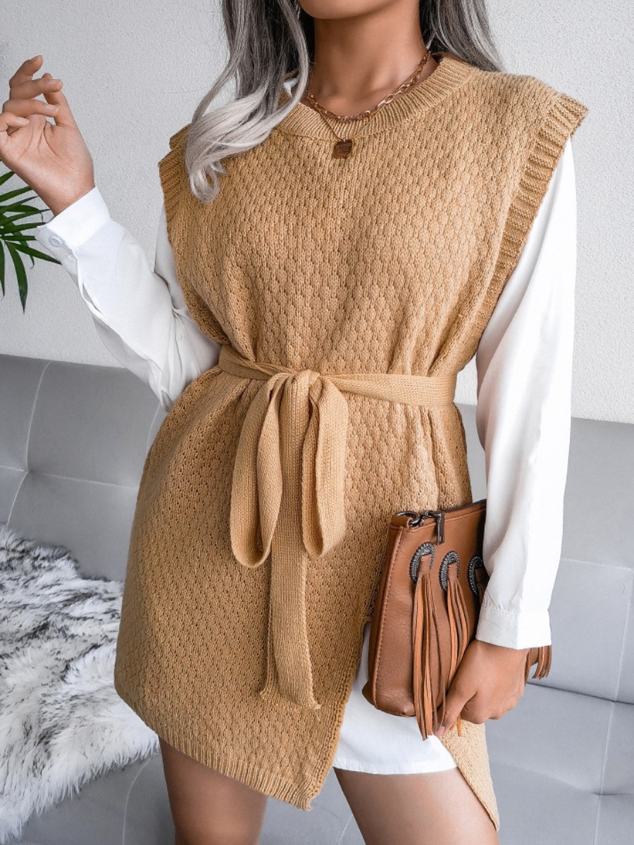 

LW Split Waist Tie Vest Sweater, Khaki