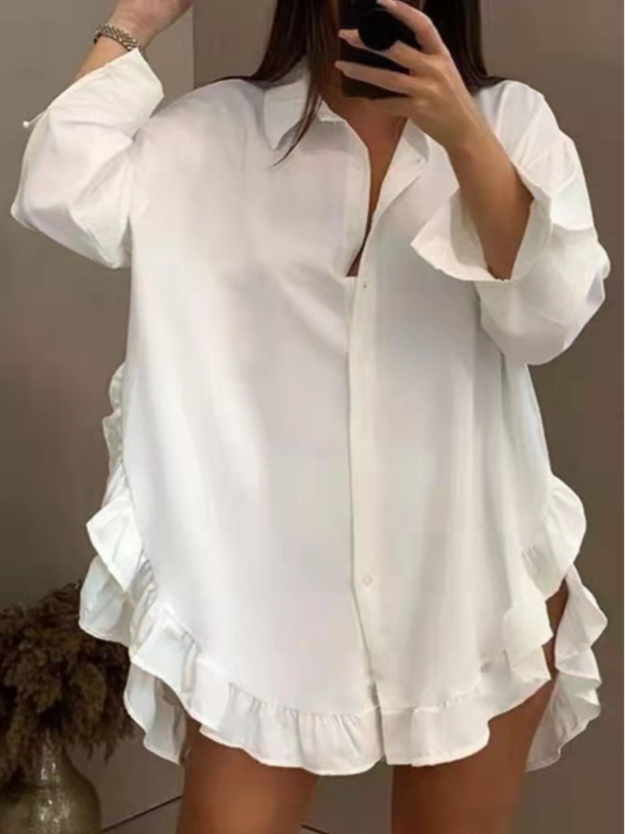 

LW SXY Plus Size Ruffle Design Split Shirt Dress, White