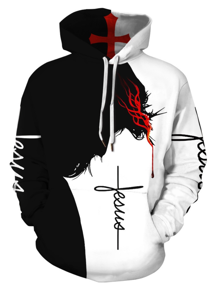 

LW COTTON Men Letter Print Patchwork Hoodie, Multi