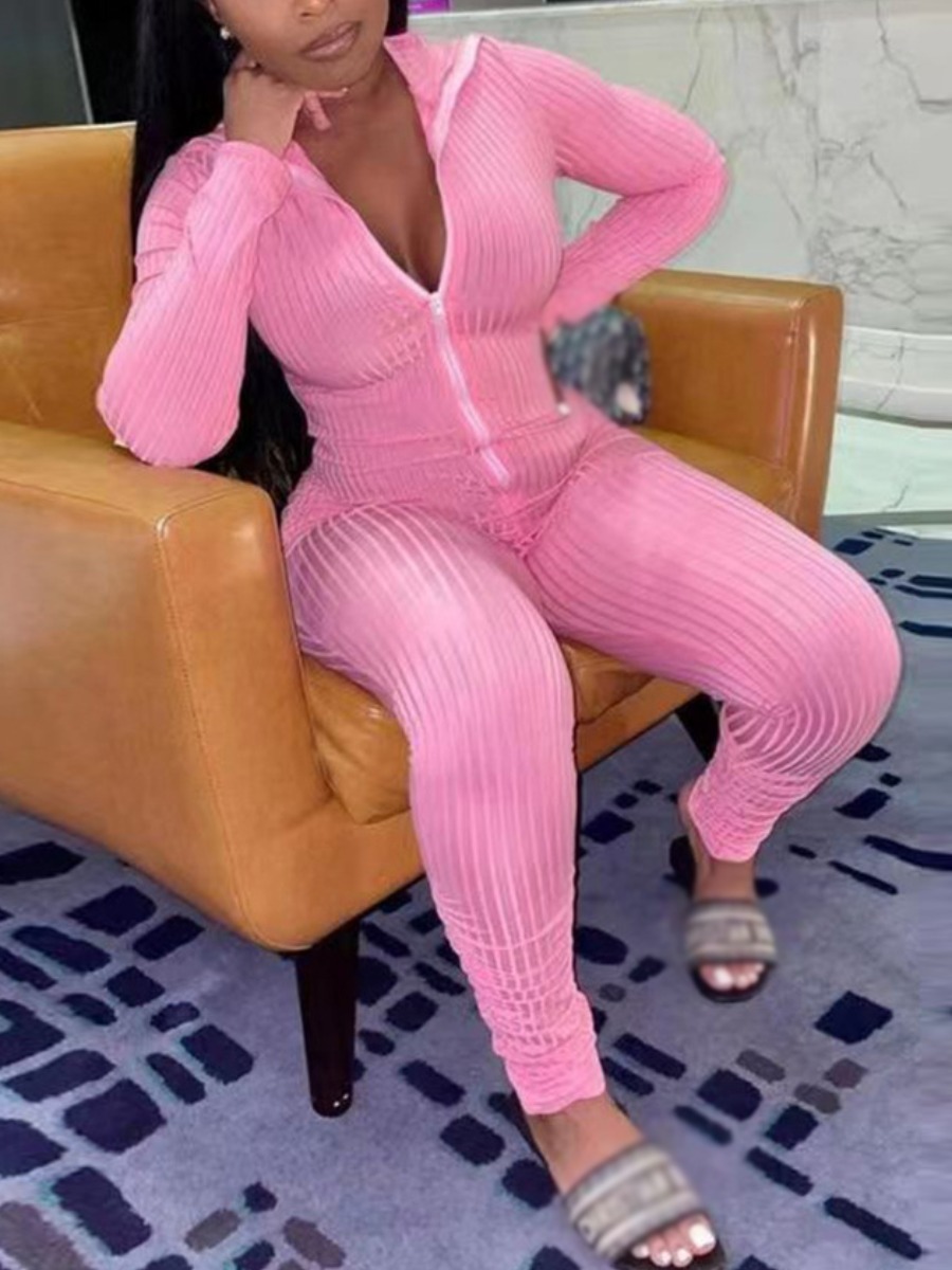 

LW BASICS Rib Knit Zip Up Jumpsuit, Pink