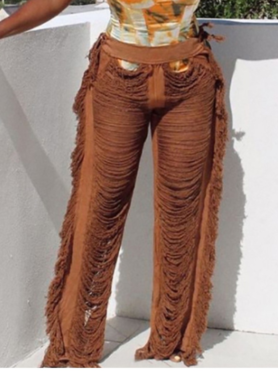 

LW SXY Ripped Wide Leg Pants, Coffee